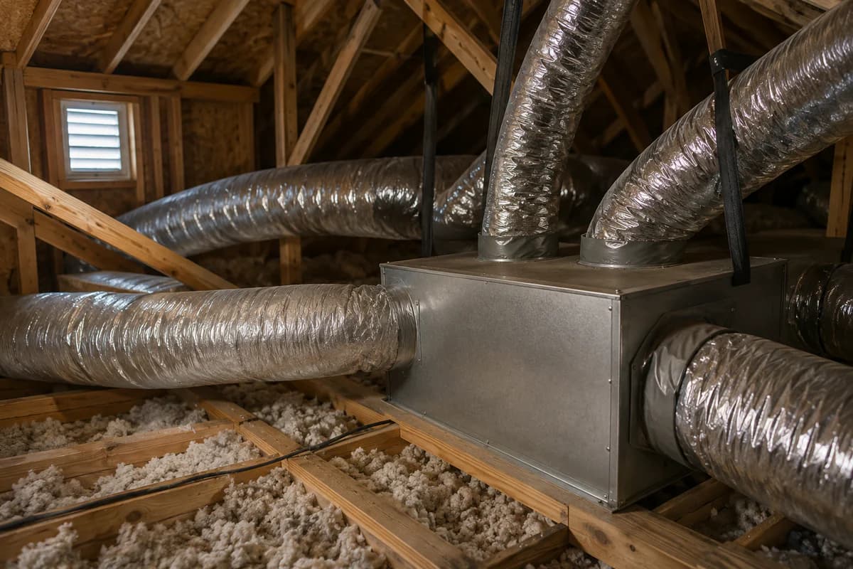 Flexible insulated ducting running between roof joists in a residential attic above blown insulation, connected to a sheet metal plenum
