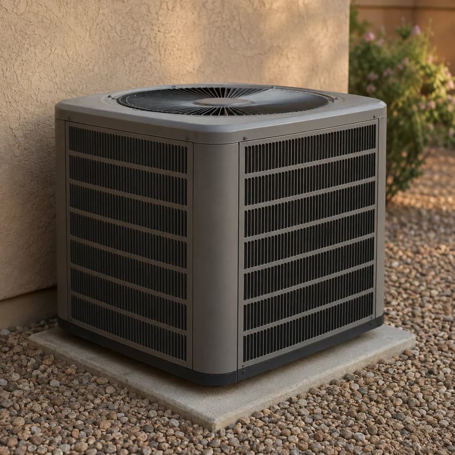 A residential air conditioning condenser on a concrete pad beside a stucco wall, with gravel around it