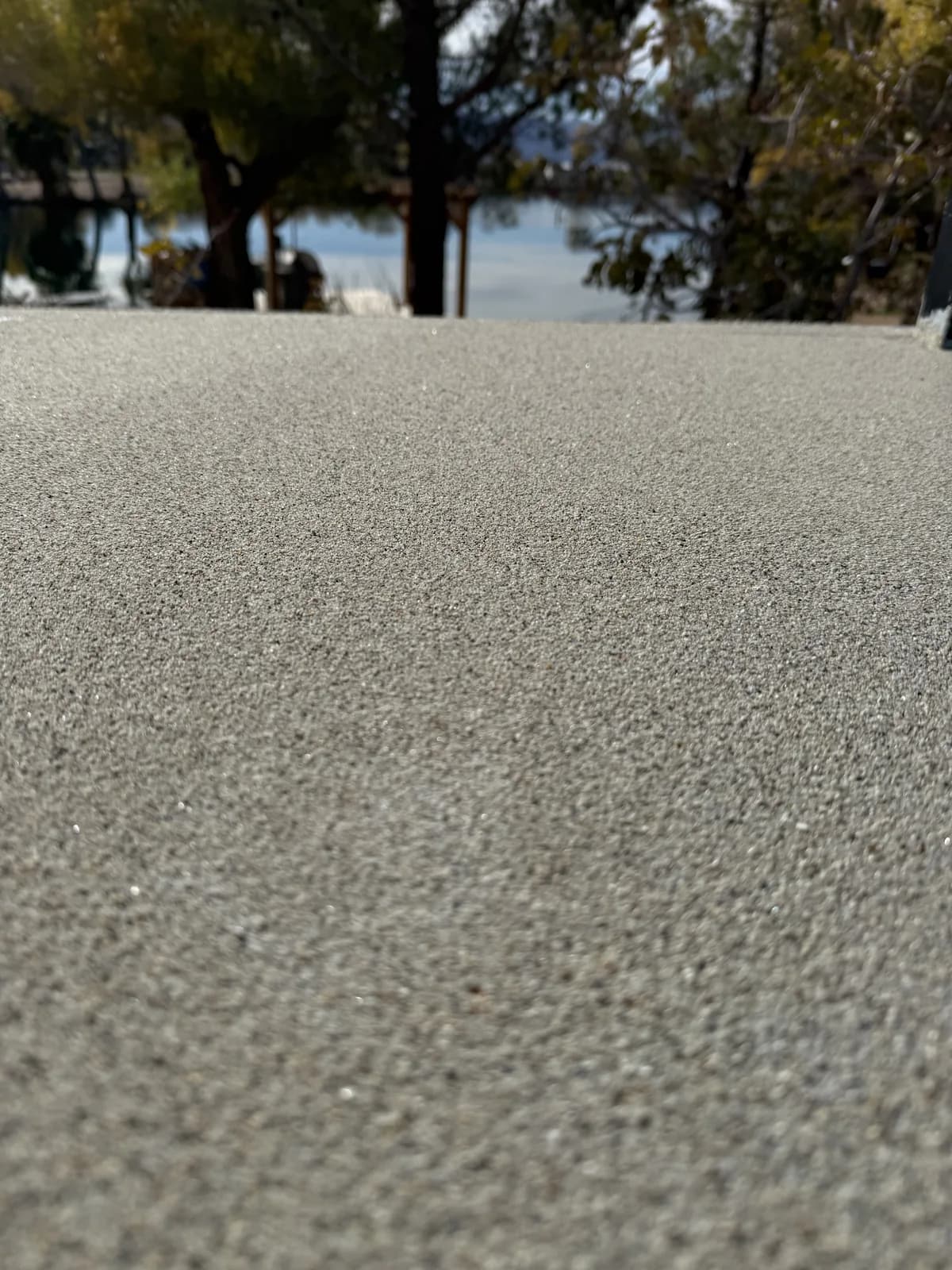 A close view of a coarse pale gray and tan quartz-aggregate deck coating, its granular surface clearly raised, with trees and water out of focus behind