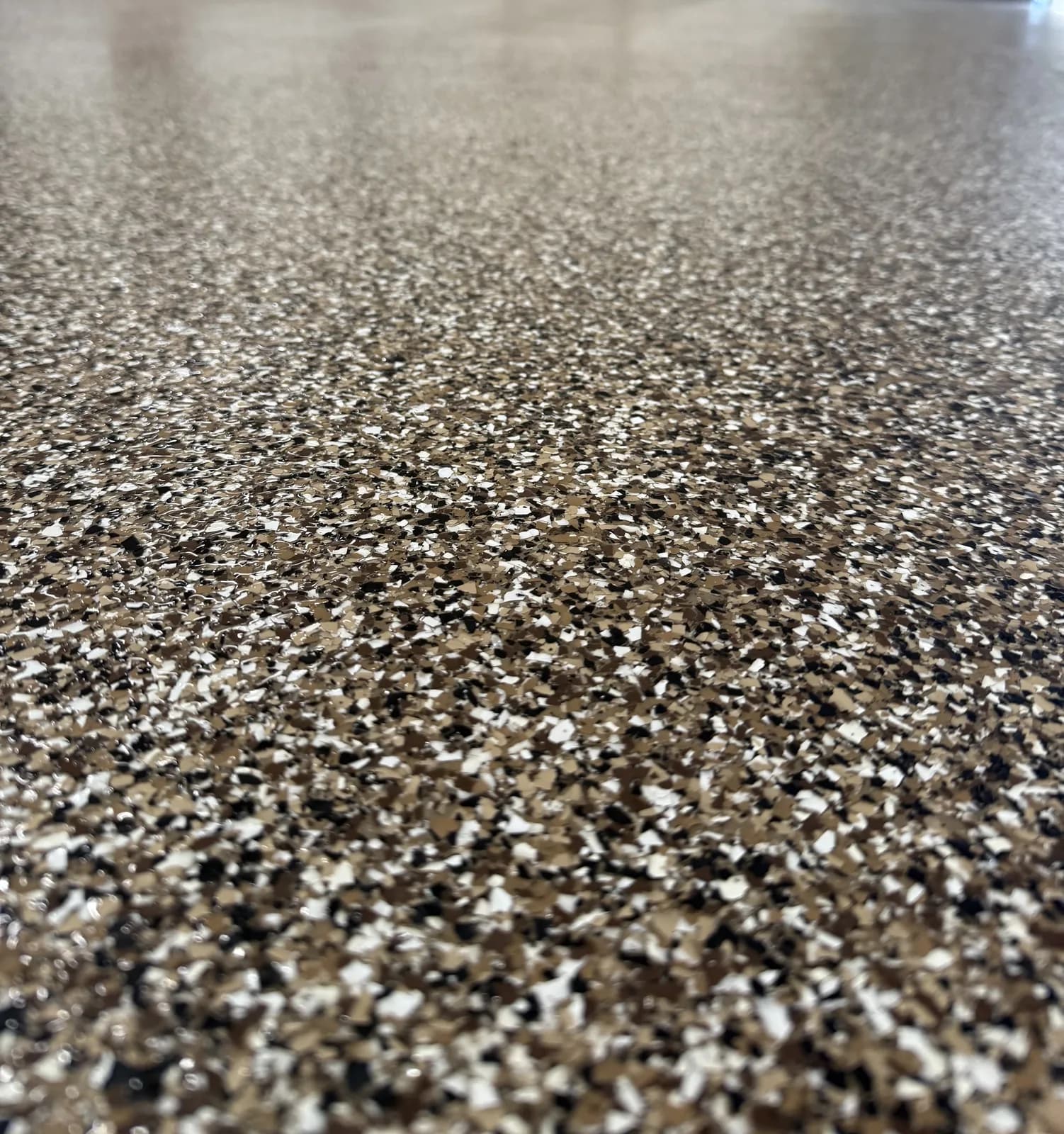 A close view of a finished flake floor, showing individual tan, black, brown and white chips locked under a clear gloss coat