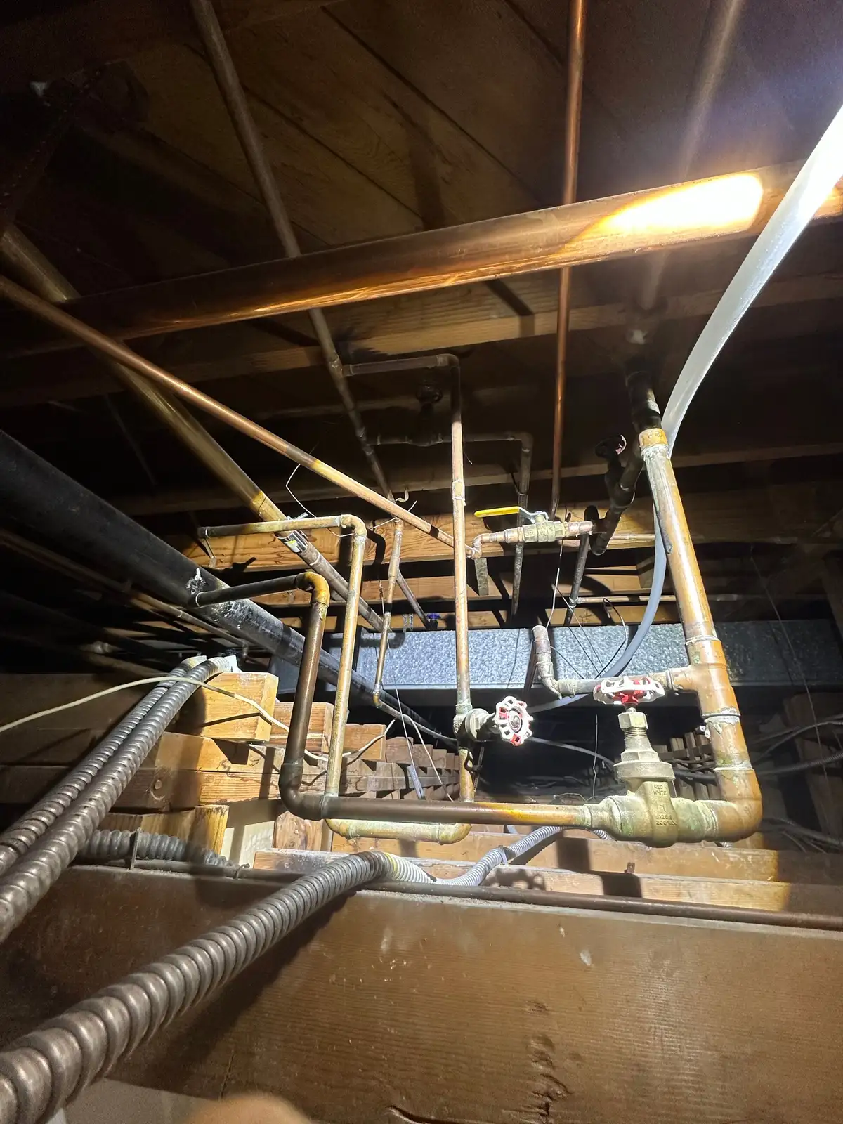 New copper water distribution lines with valves run overhead through a crawl space