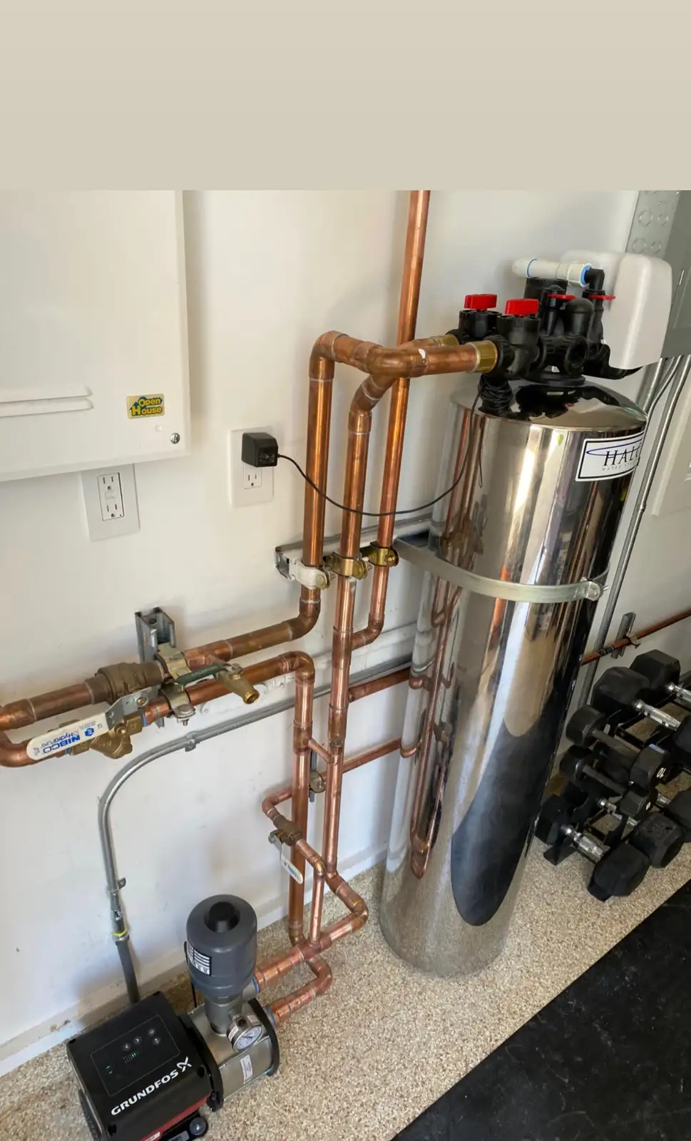 A completed water treatment installation with labelled shutoffs