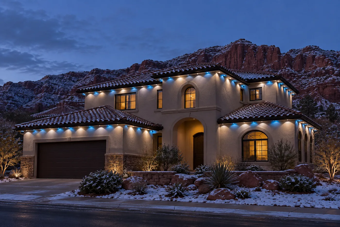 A two-story Mediterranean stucco house with a terracotta tile roof and a light dusting of snow, eave lights in cool white and icy blue.