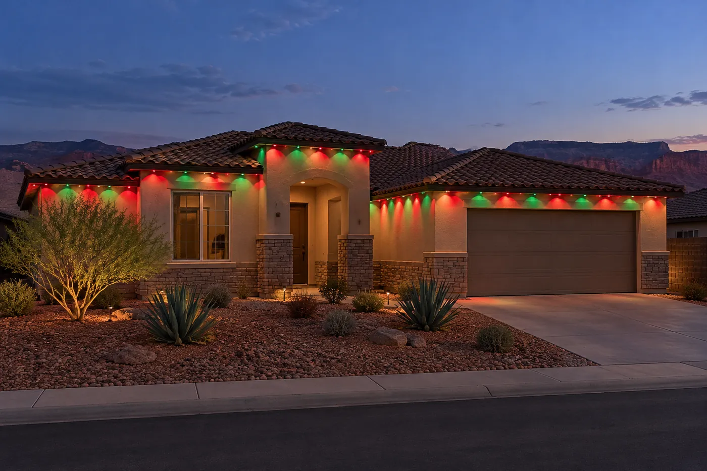 A single-story stucco house with a brown tile roof and a red-rock yard at dusk, eave lights alternating red and green, red cliffs behind.