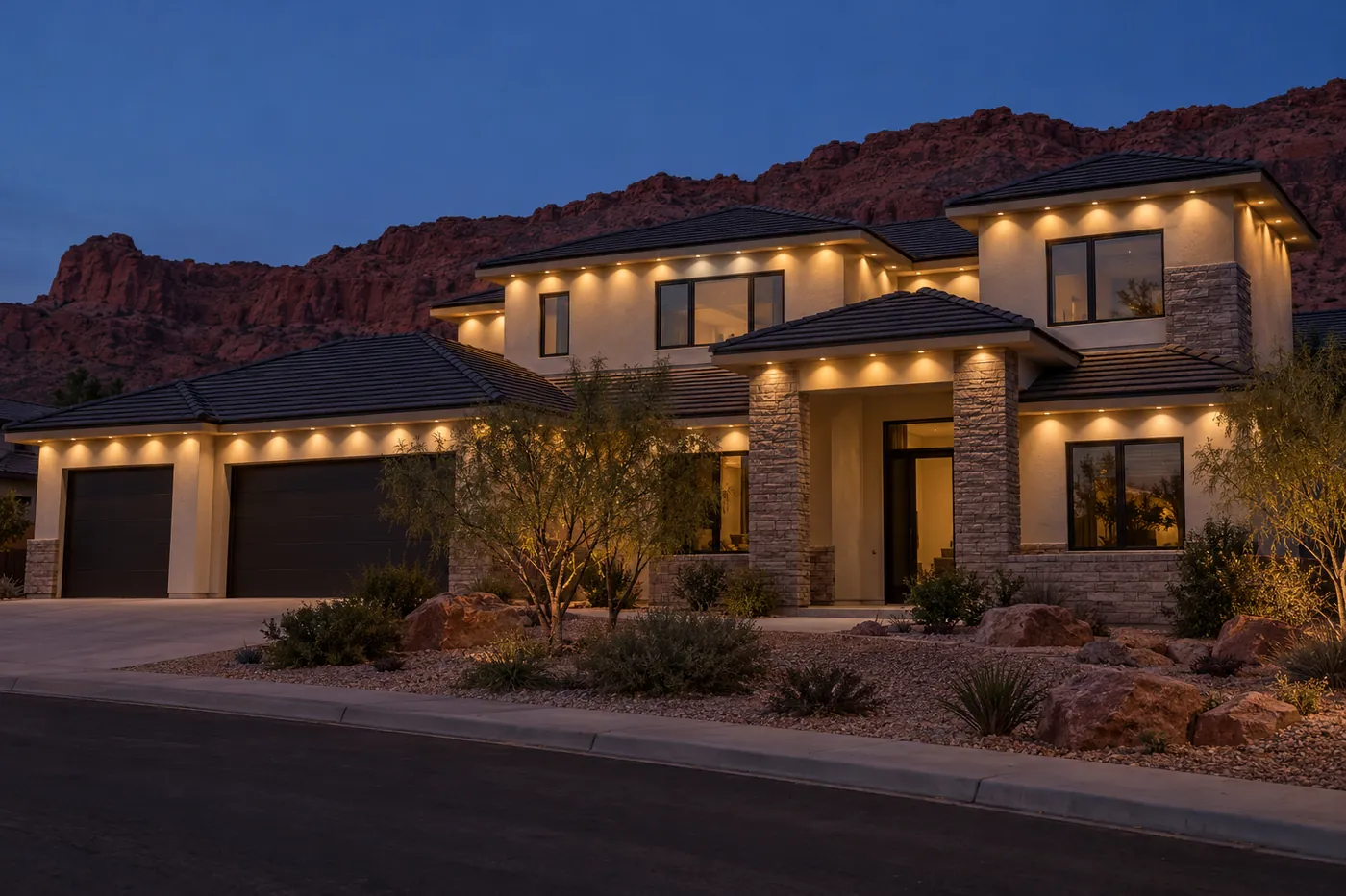 A two-story contemporary stucco house with stone accents and a desert yard at dusk, every eave lit in steady warm white, red cliffs behind.